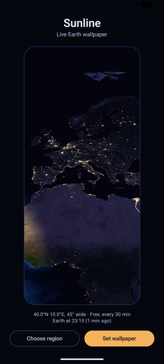 Sunline's home screen showing Europe at night, with city lights and the sunrise reaching West Africa