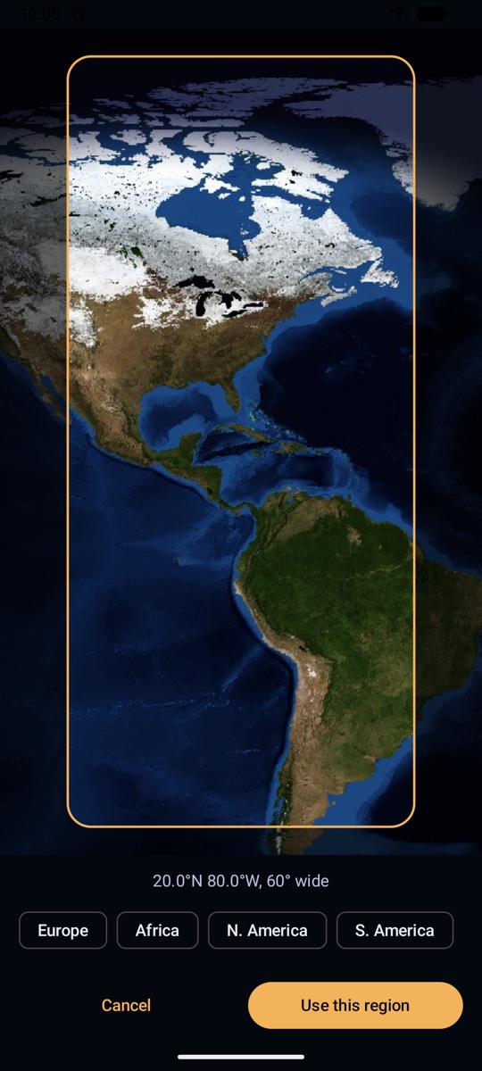 Sunline's region picker framing North and South America, with presets for Europe, Africa and the Americas